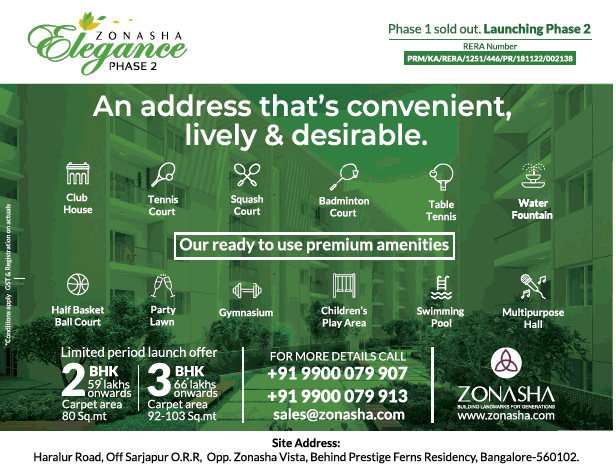 An address that's convenient lively and desirable is Zonasha Elegance, Bangalore Update